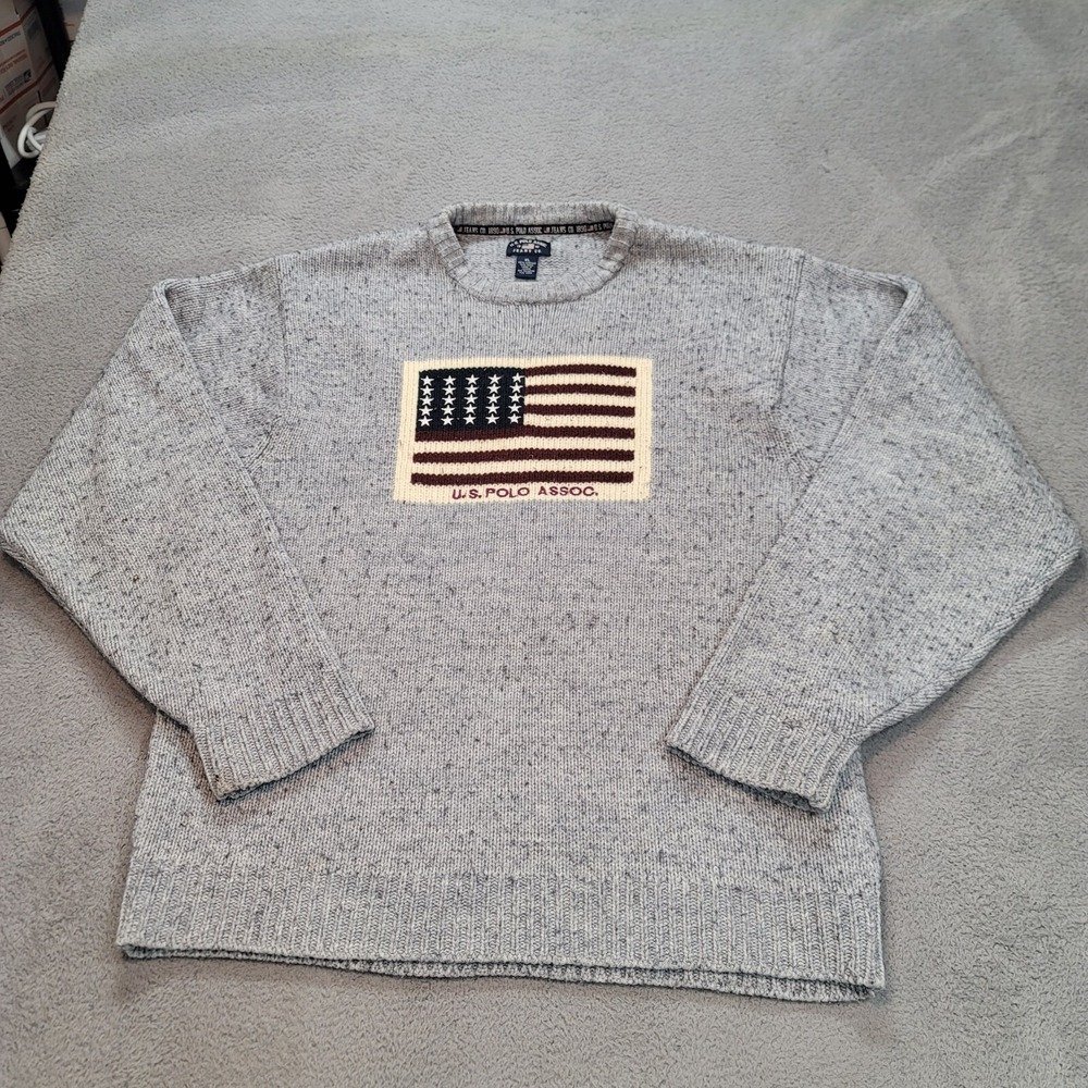 US Polo Assn Sweater Mens XL Gray Wool Blend USA American Flag Logo Crewneck
